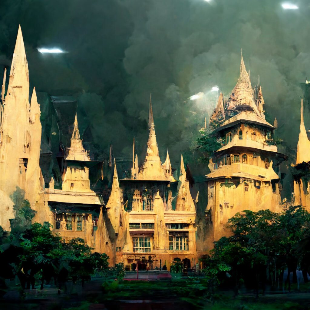 รูปวาด Midjourney AI อาคารหลอนๆ Hogwarts ในประเทศไทย