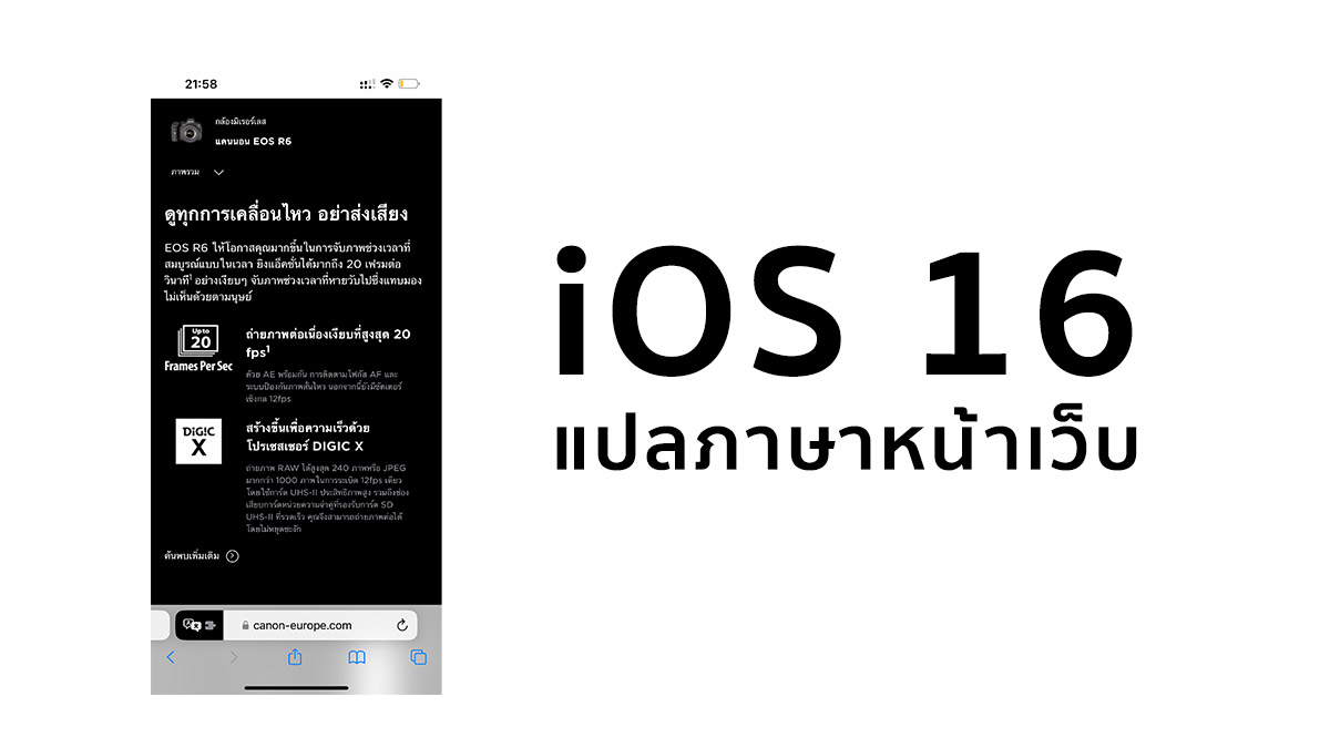 iOS 16 แปลภาษาหน้าเว็บ อังกฤษ-ไทย