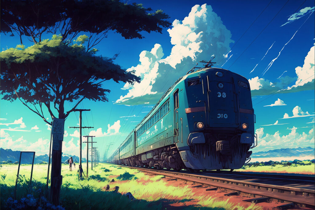 ภาพวาดรถไฟกำลังวิ่ง วาดด้วย Midjourney AI