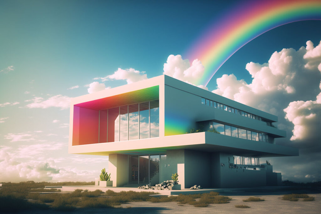 Modern House ท่ามกลางท้องฟ้าที่มีสายรุ้ง ออกแบบบ้านโดย Midjourney
