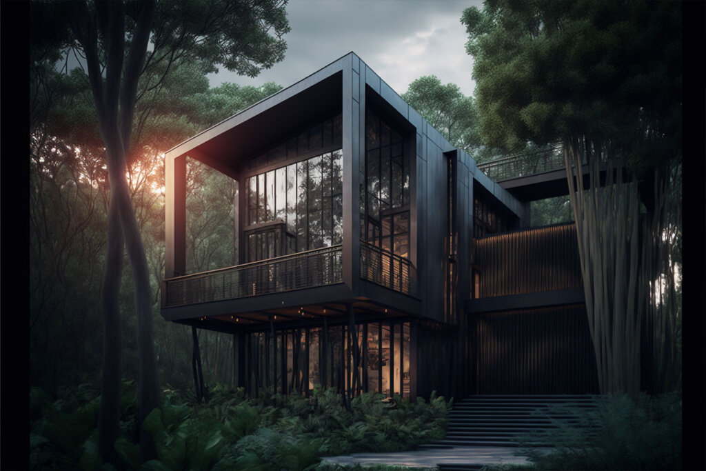 Modern House กลางป่าบรรยากาศดี ออกแบบบ้านโดย Midjourney