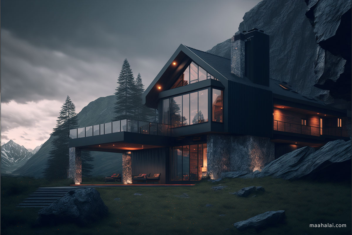 Modern House อยู่ติดภูเขา ออกแบบบ้านโดย Midjourney