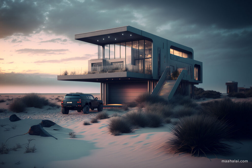 Modern House อยู่ริมชายหาด ออกแบบบ้านโดย Midjourney
