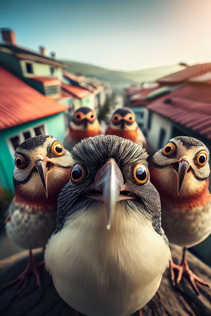 birds taking a selfie Midjourney AI Prompts